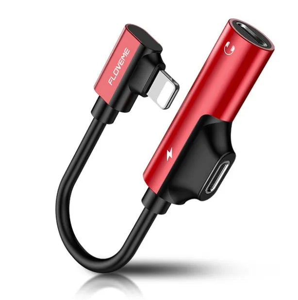 Lighting audio charging splitter adapter black anodised aluminium alloy 5V1A with earphone and charging cable connected