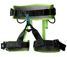 Outdoor climbing belt in orange with adjustable waist and leg rings made from polyester reinforced yarn