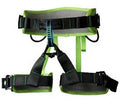 Outdoor climbing belt in orange with adjustable waist and leg rings made from polyester reinforced yarn