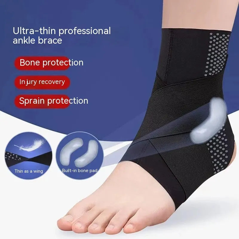 Black Lycra ankle support brace for sports and rehabilitation on an adult ankle