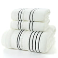 Pure cotton bath towel set showing one large bath towel and two smaller hand towels in matching colour