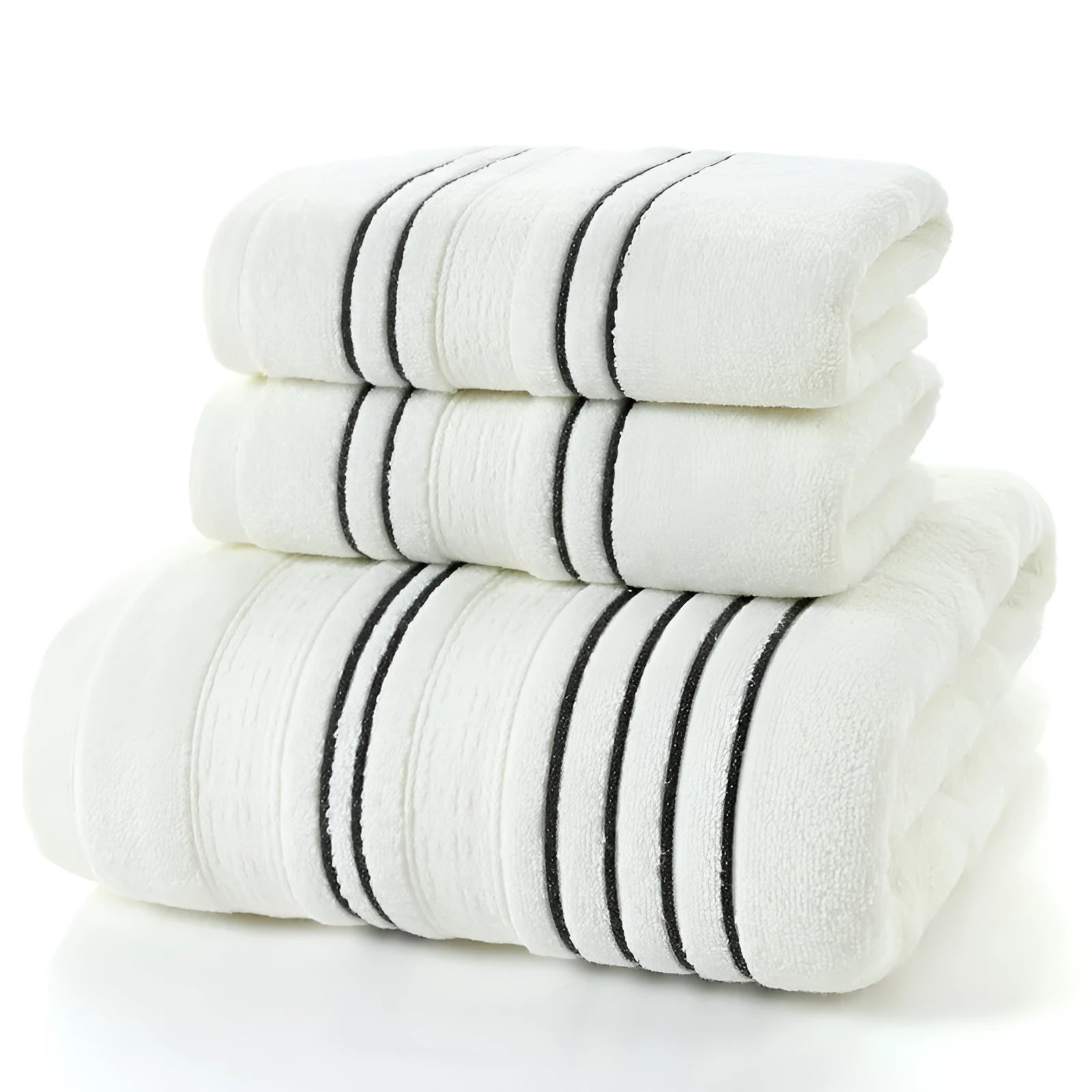 Pure cotton bath towel set showing one large bath towel and two smaller hand towels in matching colour