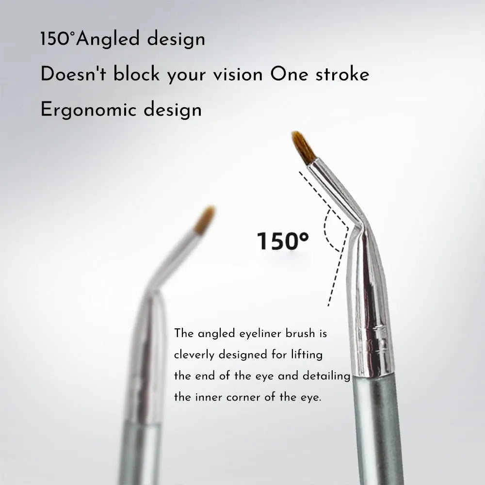 Angled bendable head eyeliner brush with fine tip for detailed under eye concealer and tear trough makeup application.