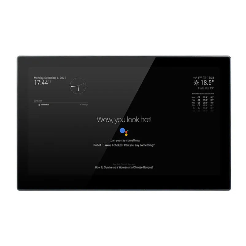 13.3-inch black touch screen display with integrated CM4 board for voice assistant applications.