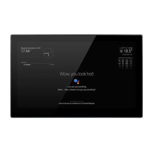 13.3-inch black touch screen display with integrated CM4 board for voice assistant applications.