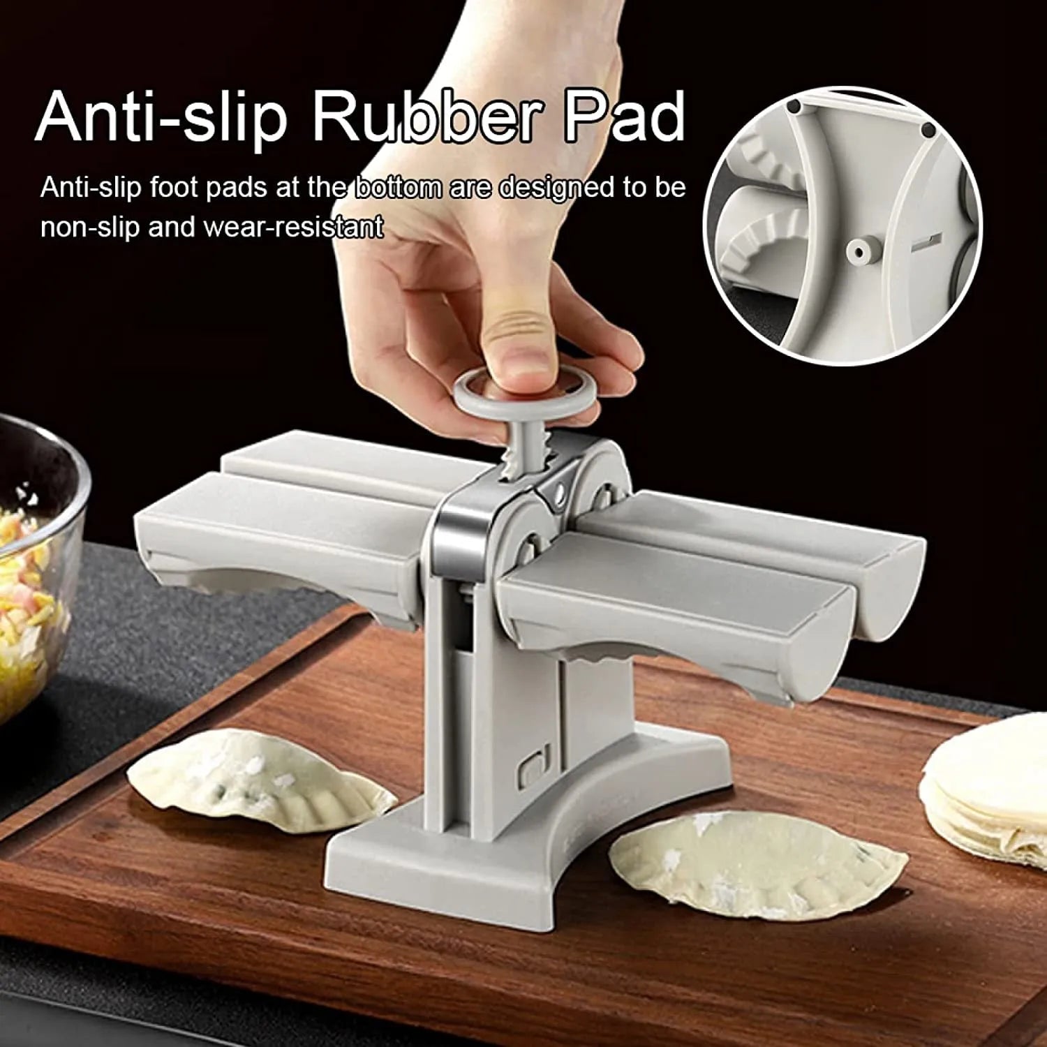 White double head dumpling mould with manual press mechanism and anti-slip rubber base