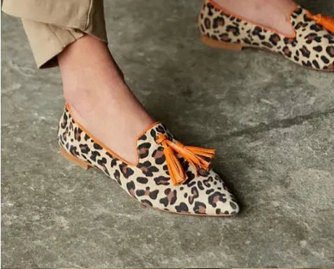 Womens pointed toe leopard print loafers with low chunky heel and rhinestone decoration on PU upper