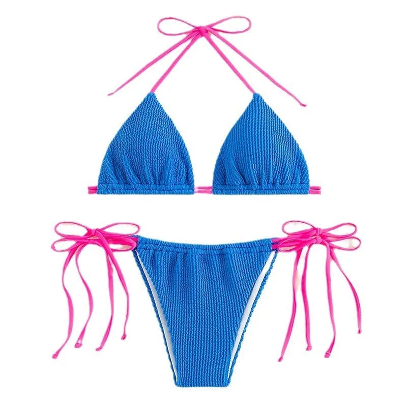 Women's lace-up swimsuit bikini set in solid colour nylon fabric for swimming