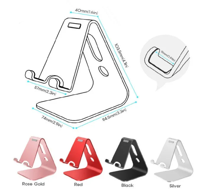 Aluminium alloy foldable phone and tablet holder in silver colour on a wooden table
