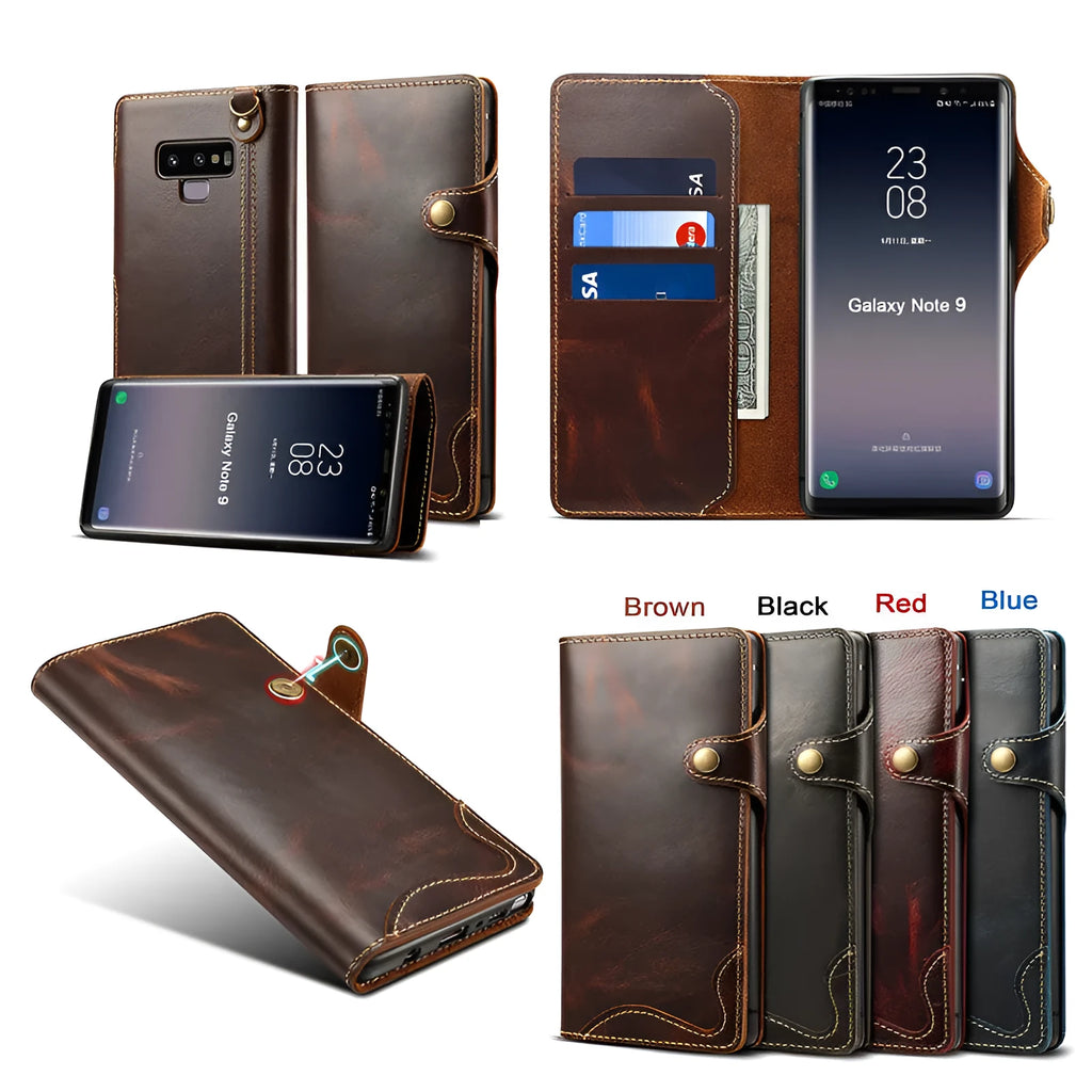 Handcrafted leather wallet case for Samsung Note 9 phone with built-in stand