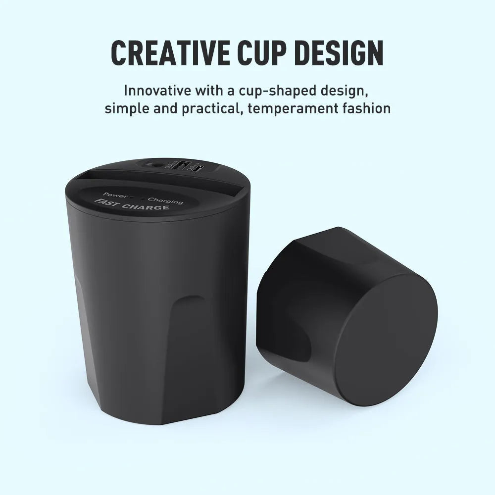 Black X9 car wireless charging cup and stand with Qi logo, showing USB and Type-C ports.