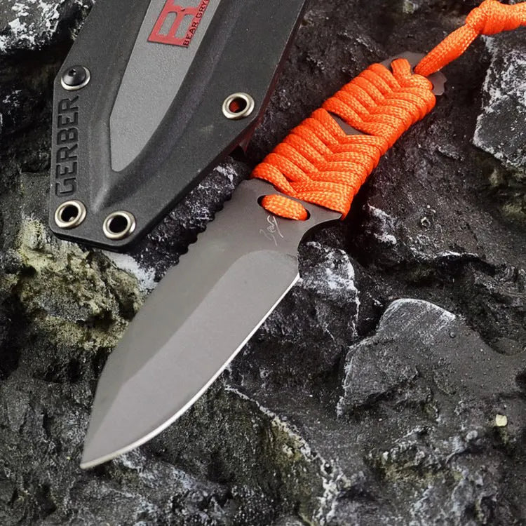 Multi-function survival knife with 80mm blade, binding rope handle and ABS sheath