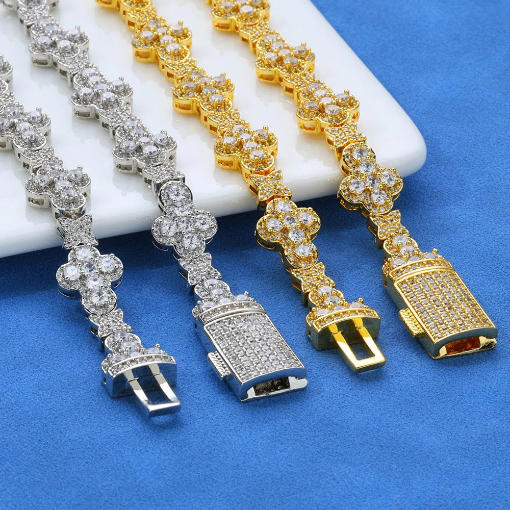 10mm hip hop cross star zircon bracelet in gold or platinum, 7 8 or 9 inches, unisex metal design.