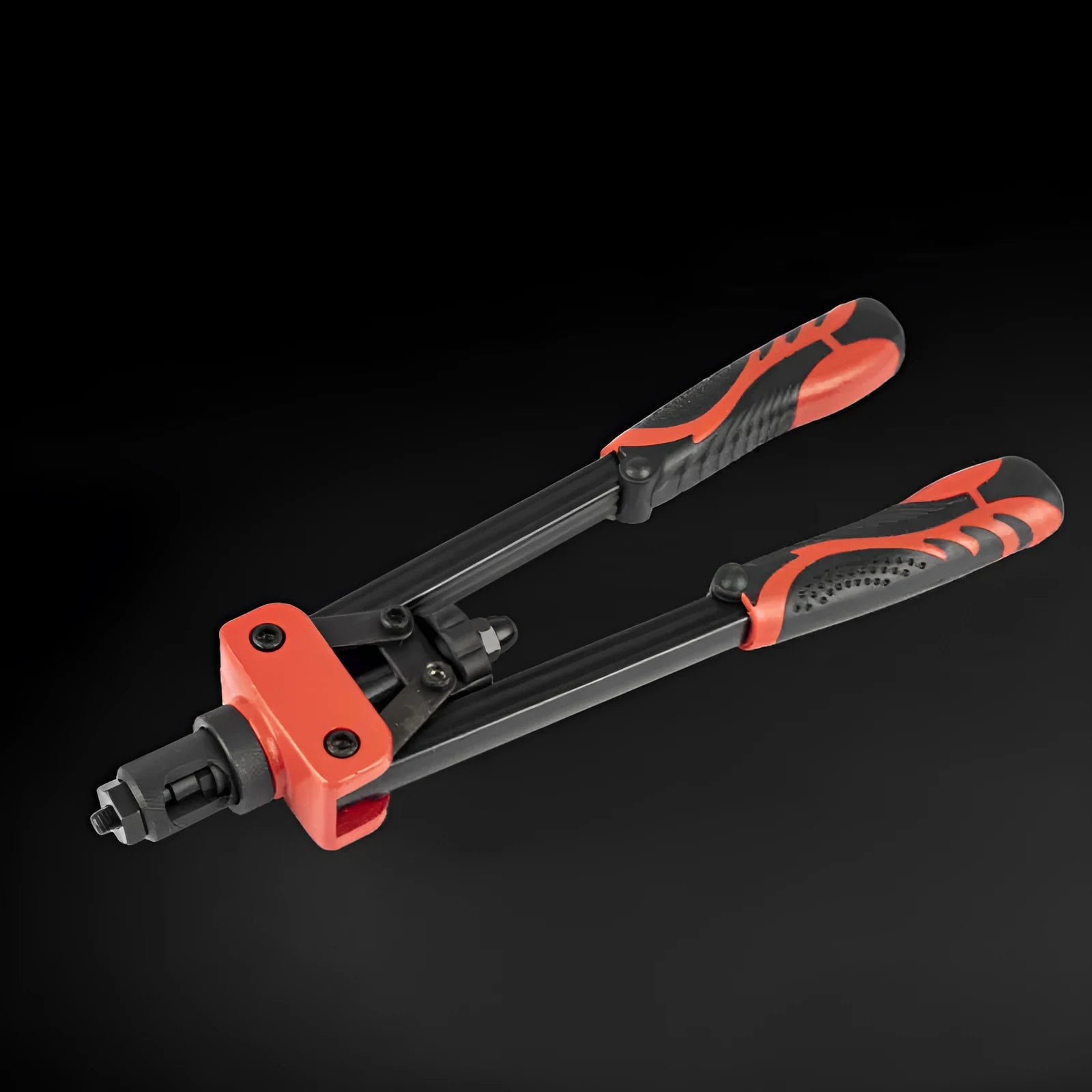 CQ14 model 14-inch alloy pull-setter rivet nut tool with six interchangeable gun tips on a workbench.