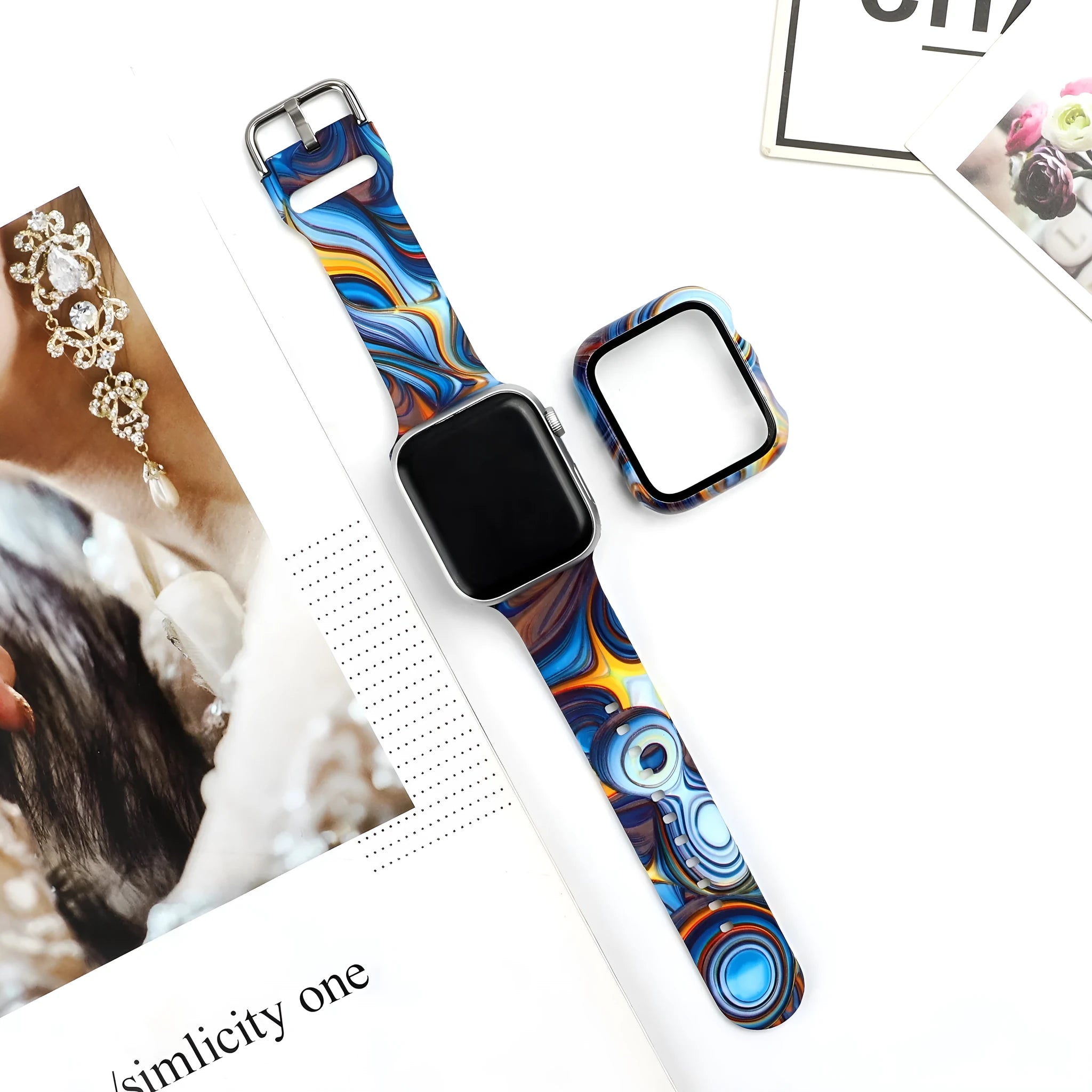 Printed silicone replacement watch strap for Apple Watch Series 1-6 and SE models showing graphic design options.