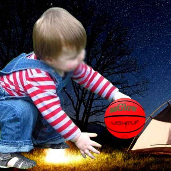 Orange LED luminous basketball, size 7, rubber, 9.5-inch diameter, glowing for streetball and gifts.