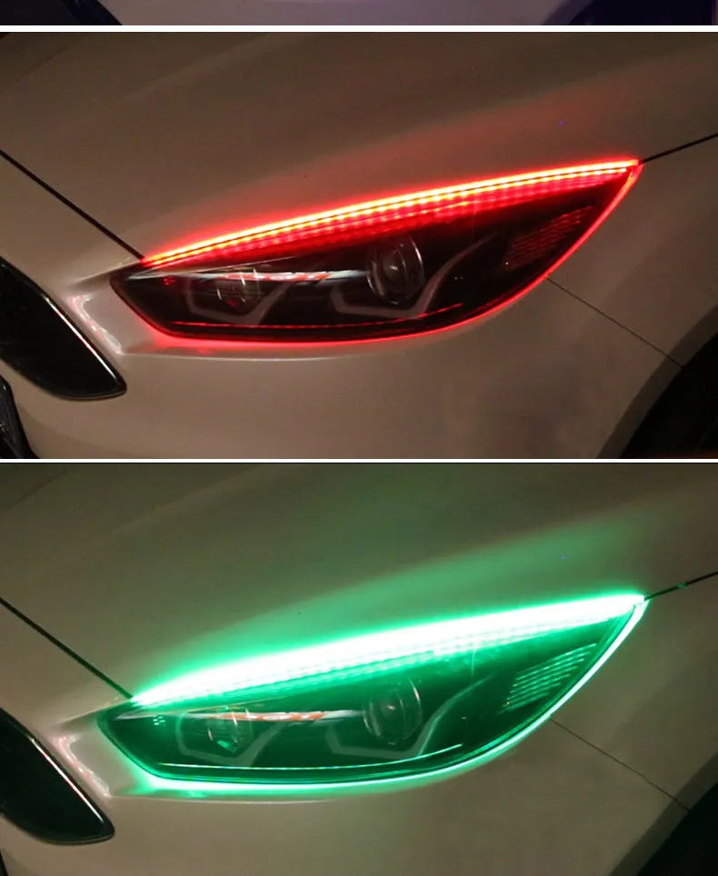 Remote control and RGB colour-changing universal LED daytime running light strip in 30cm, 45cm, 60cm sizes.