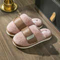 Beige women's plush velcro floor slippers with a non-slip plastic sole and round toe.