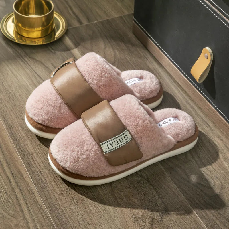Beige women's plush velcro floor slippers with a non-slip plastic sole and round toe.