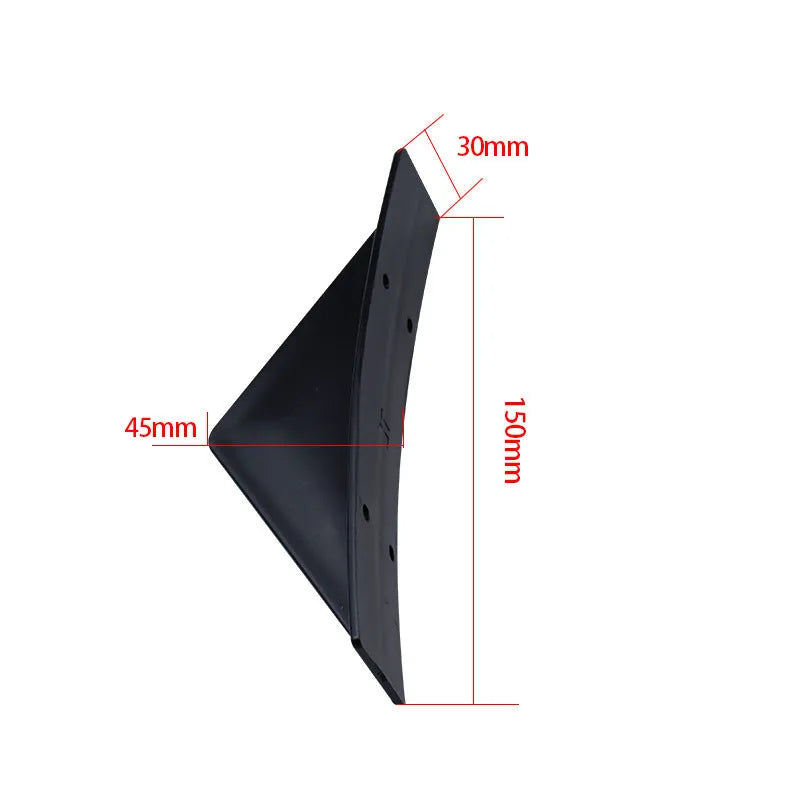 Black triangular car rear spoiler on a white background, shown with screws and adhesive tape.