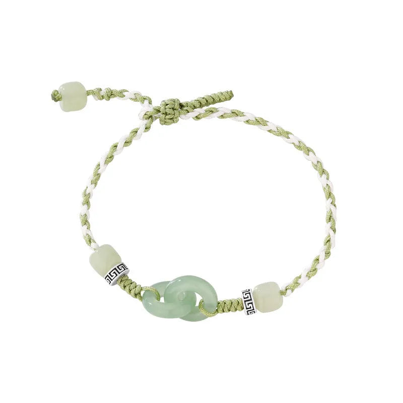 Jade green copper bracelet with peace buckle double ring design and ethnic style weaving