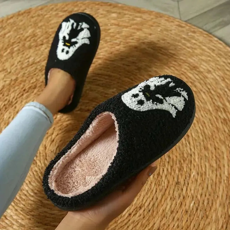 Pair of cartoon ghost embroidery closed-toe slippers with plush upper and non-slip TPR sole