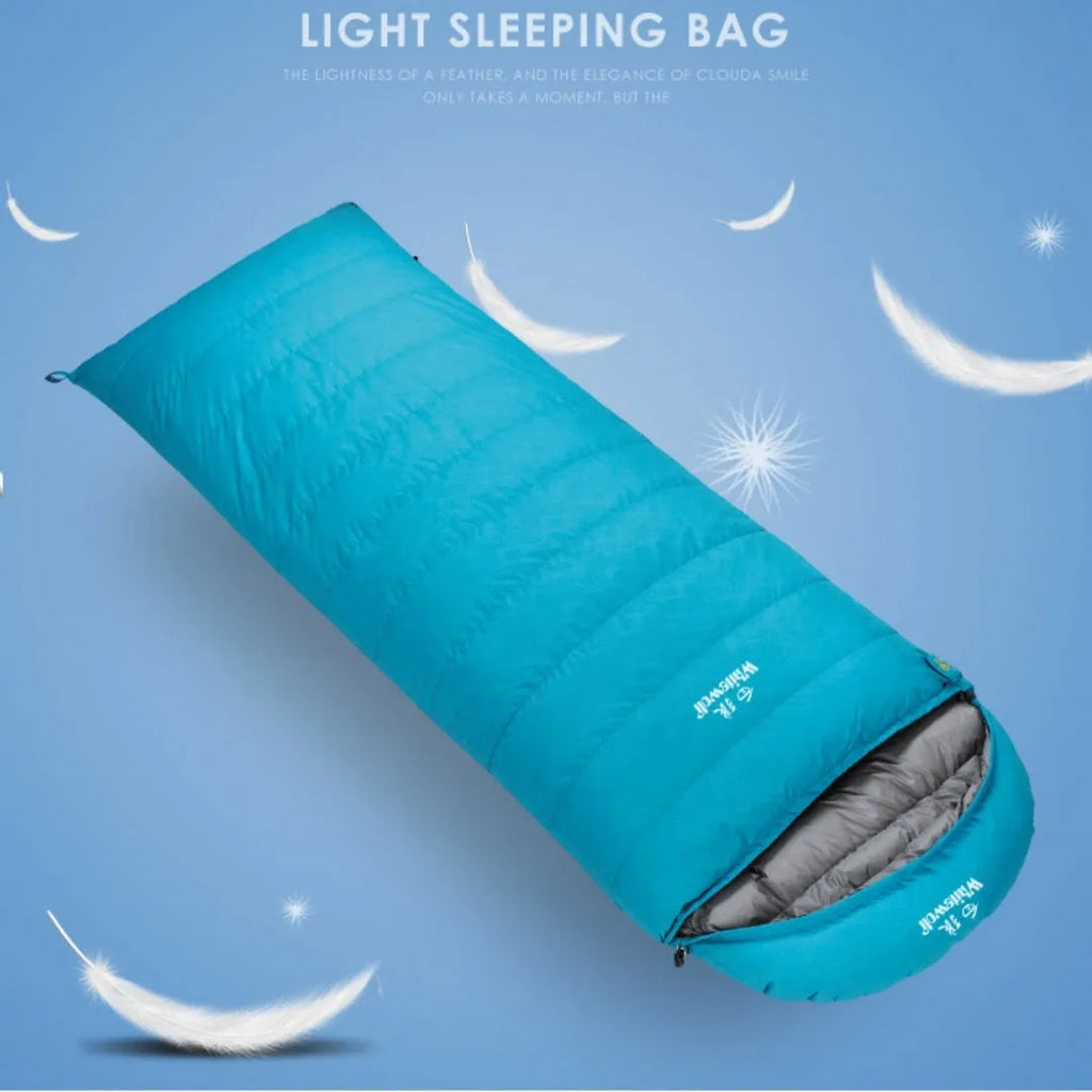 Black outdoor sleeping bag with envelope structure and goose down filling.