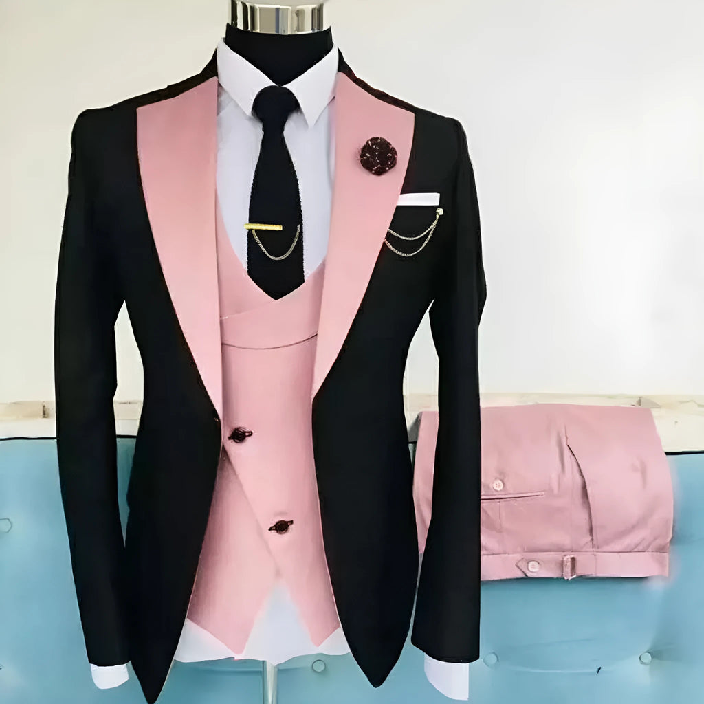 Men's slim fit cotton business three-piece suit including coat, vest, and trousers
