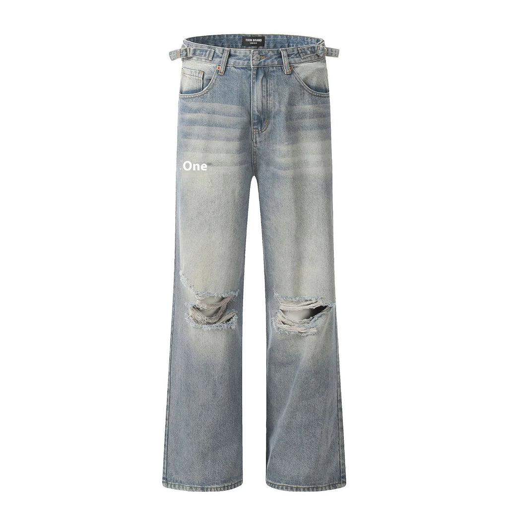 Blue men's straight-leg jeans with ripped detailing and a zip fly on a plain background.