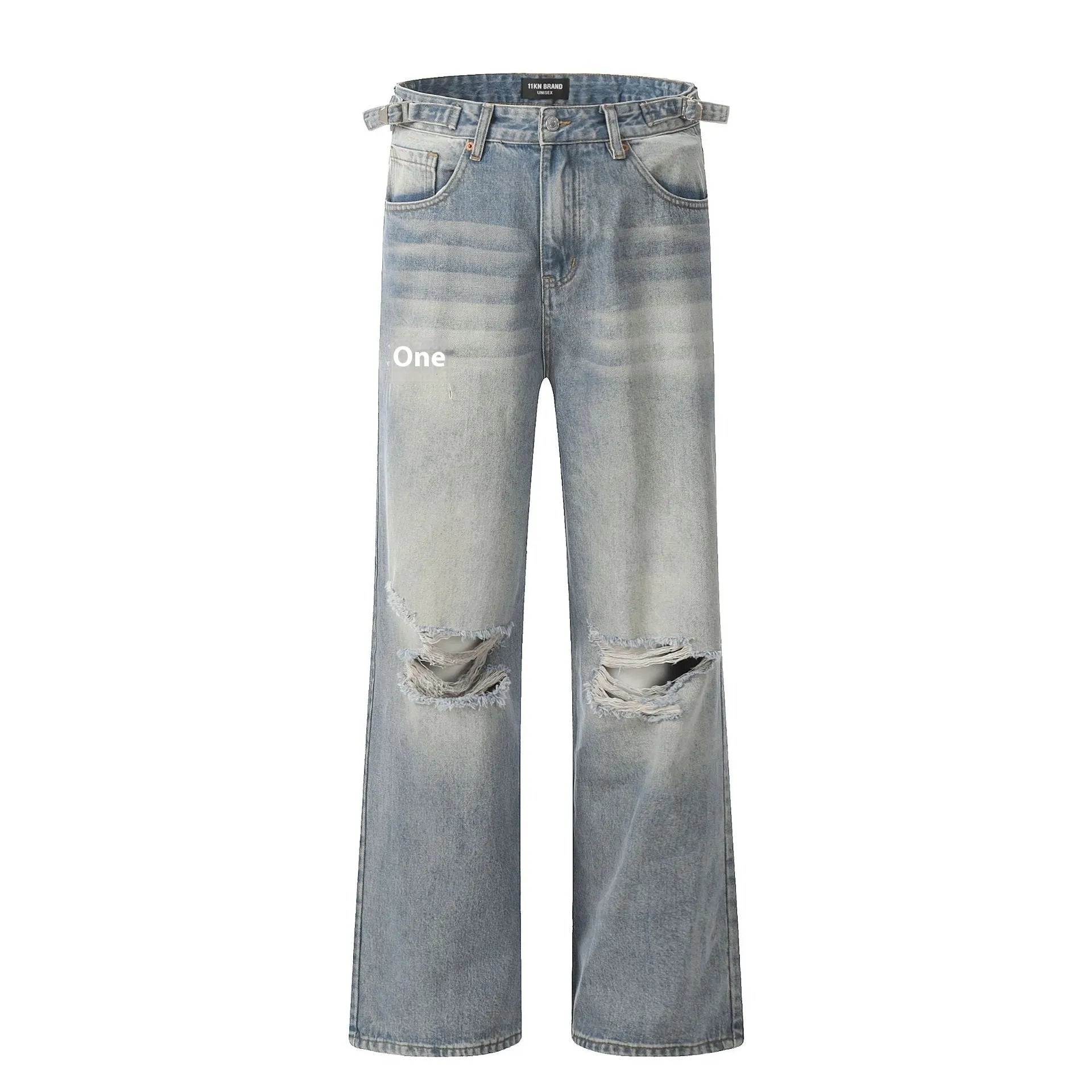 Blue men's straight-leg jeans with ripped detailing and a zip fly on a plain background.