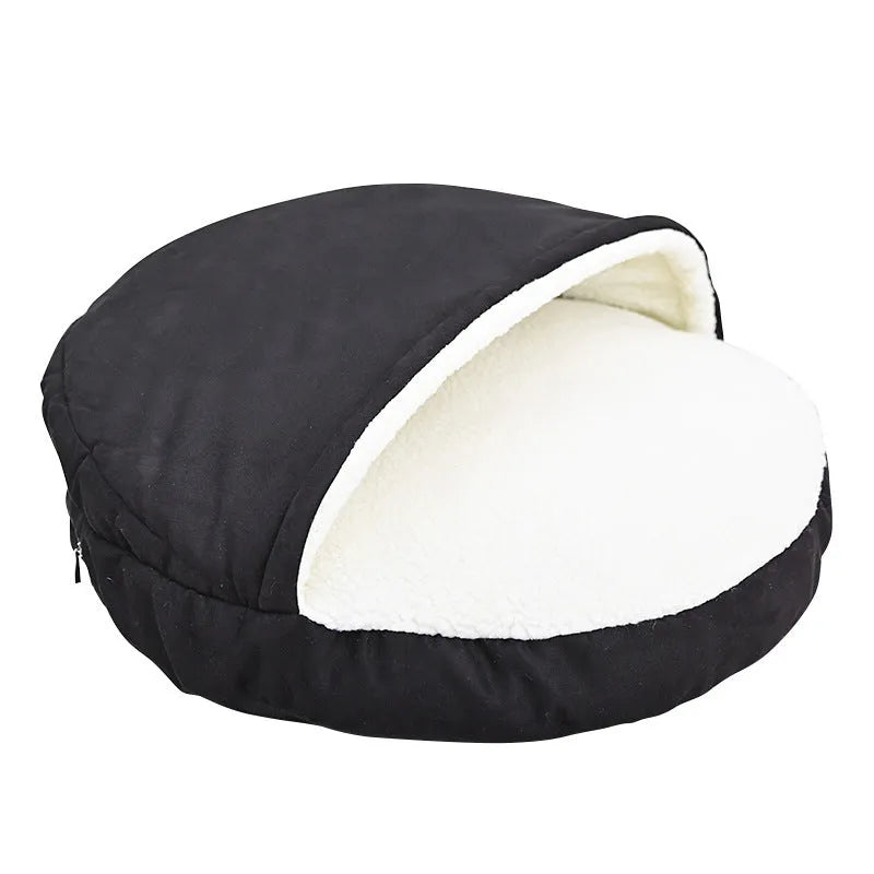 Brown cloth dog kennel bed with removable, washable cushion in a medium size.