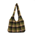 Women's plaid plush crossbody tote bag in orange, purple, or army green with shoulder strap