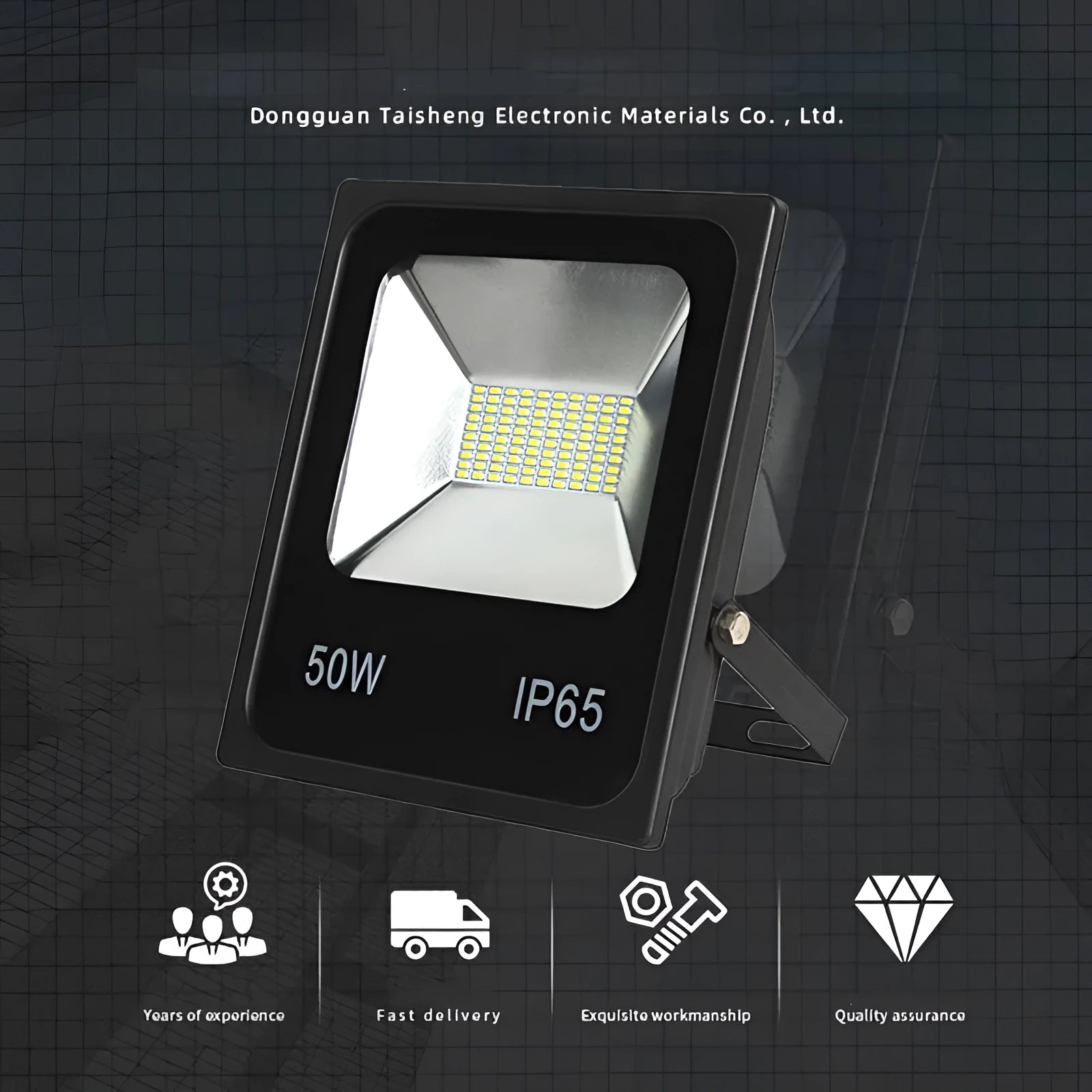 IP65 brushed stainless aluminium LED outdoor floodlight with motion sensor, 50W model, white light