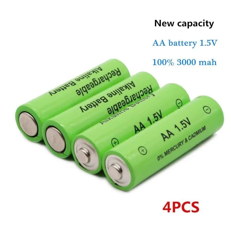 Pack of green AA alkaline rechargeable batteries labelled 3000mAh 1.5V.