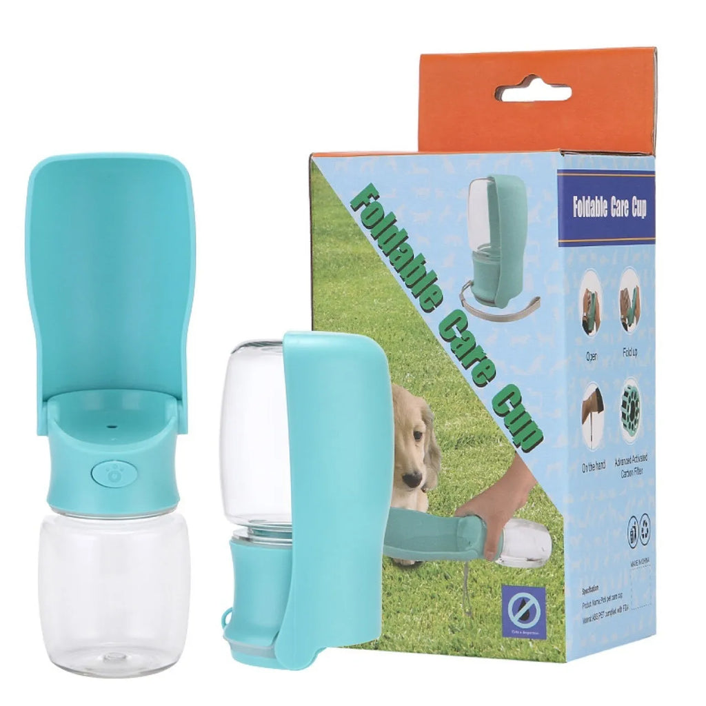 Foldable plastic dog water bottle in blue, pink or white with 350ml or 550ml capacity options