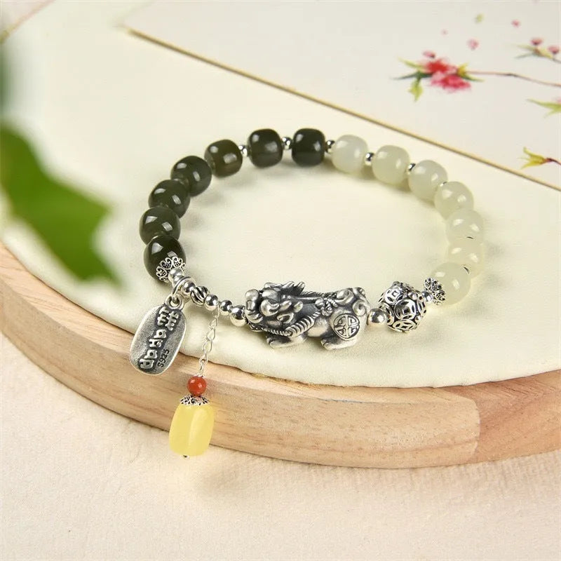 Pure silver coin bracelet with 8x7mm Hetian jade centrepiece in retro women's jewellery design