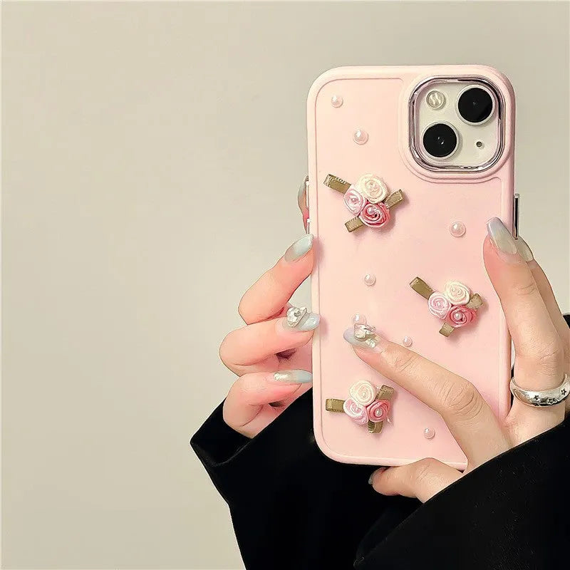 Pearl Pink silicone iPhone case with 3D pearl small flower, rhinestone, and electroplated back cover