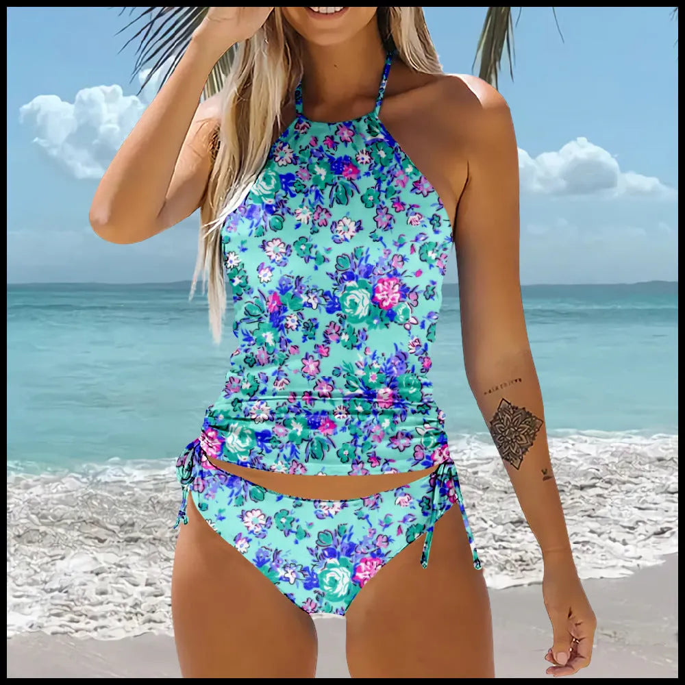 Pattern bikini beach swimsuit set in high-waist backless style, polyester fibre, multiple colour options