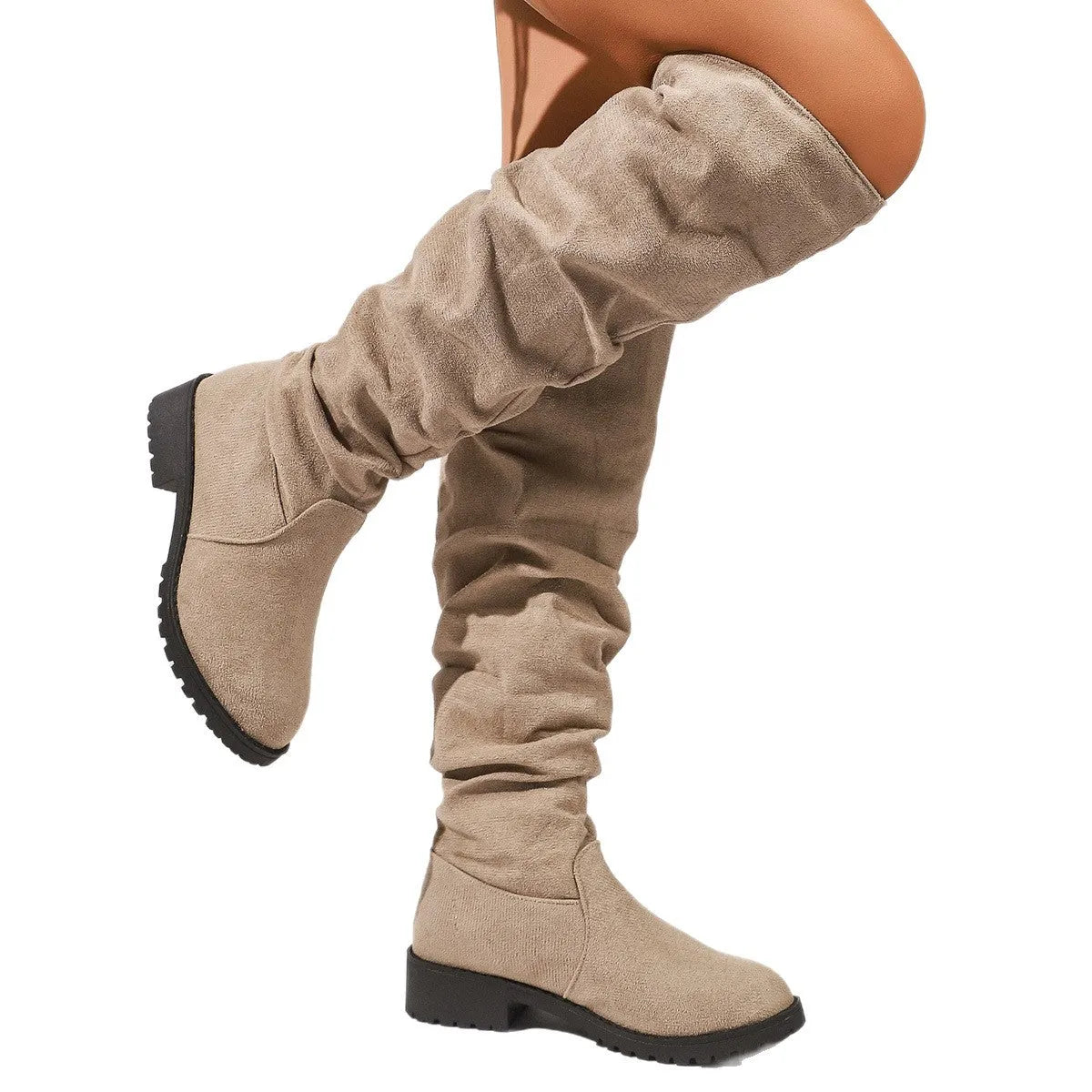 Fleece-lined suede over-the-knee boots for women, black, low chunky heel, slip-on, round toe, winter footwear