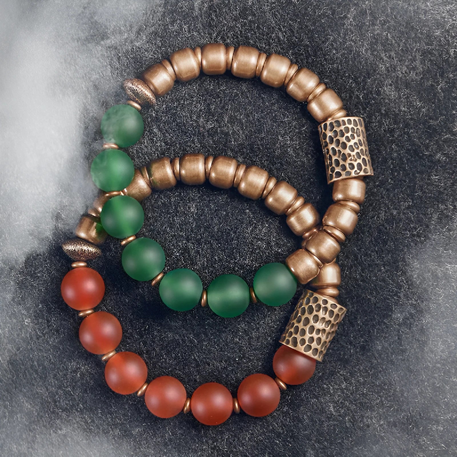 Retro style ethnic couples bracelet made from natural green and red agate stone beads.