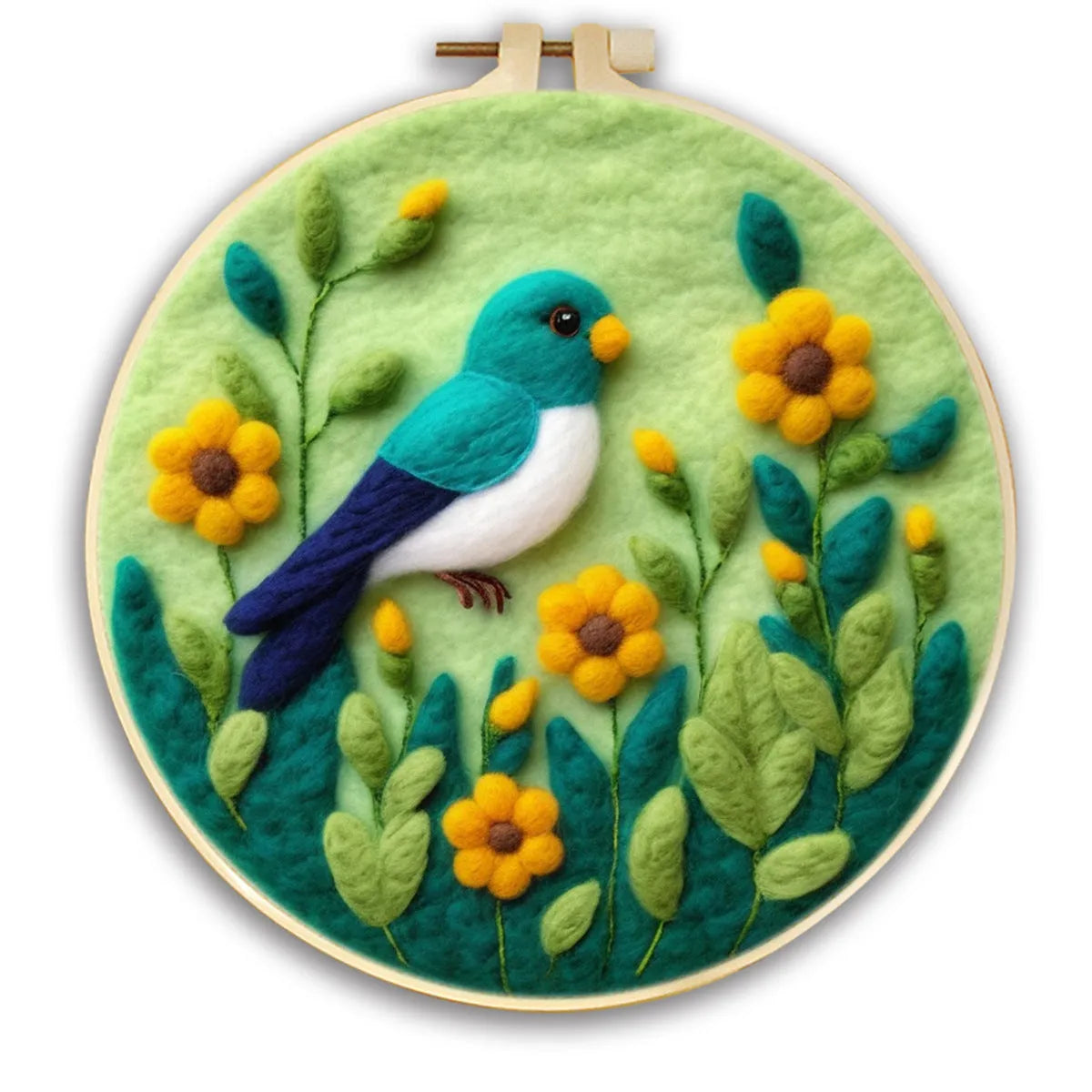 Round linen embroidery frame with wool felt floral decoration kit for three-dimensional wall art