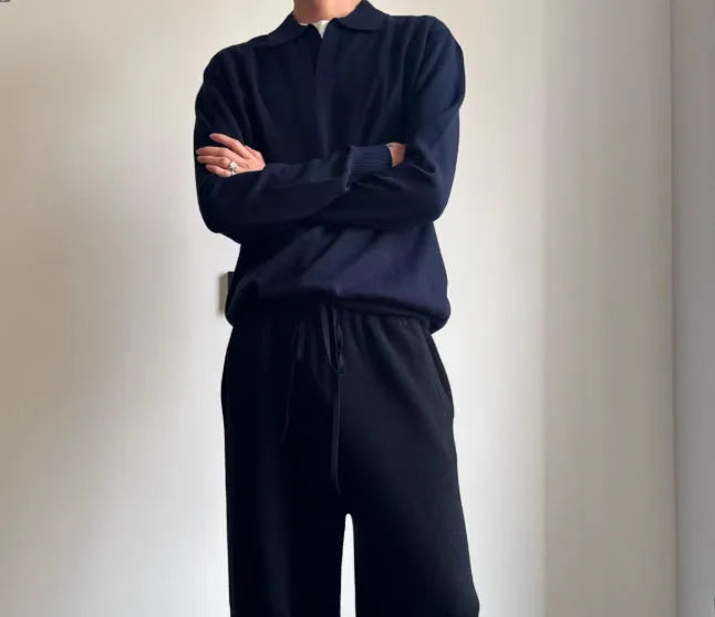 Pure wool polo sweater with lapel collar in loose fit, shown in milky white and navy blue.