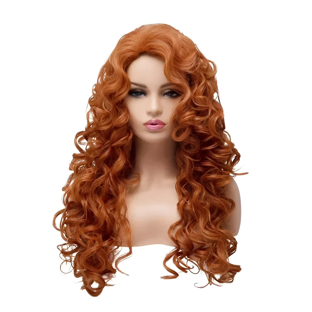 Brown long wavy curly wig with instant noodles fluffy texture on display head