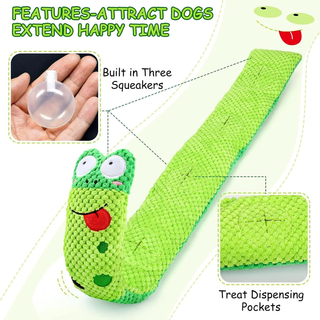 Green frog-shaped velvet dog squeak toy with hidden food holes for foraging puzzles.
