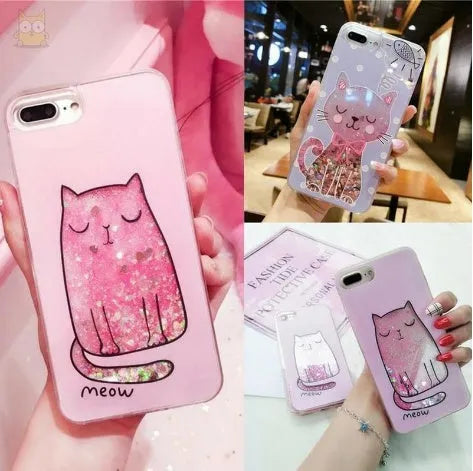 Set of four glittery cat-themed phone cases for iPhone models 6, 7, 8, and X.