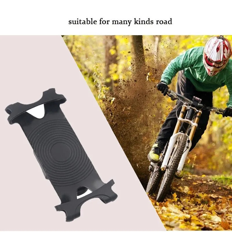 Silicone bicycle phone holder mounted on handlebar with three adjustment holes visible