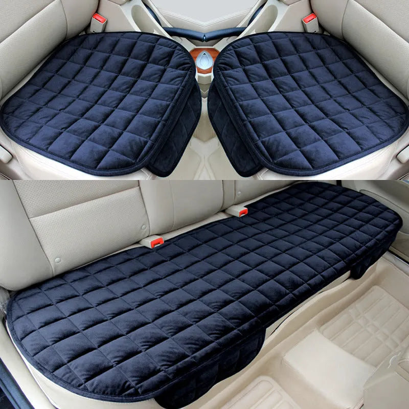 Checkered embroidered plush car seat cushion set in brown, beige, black or grey with non-slip backing