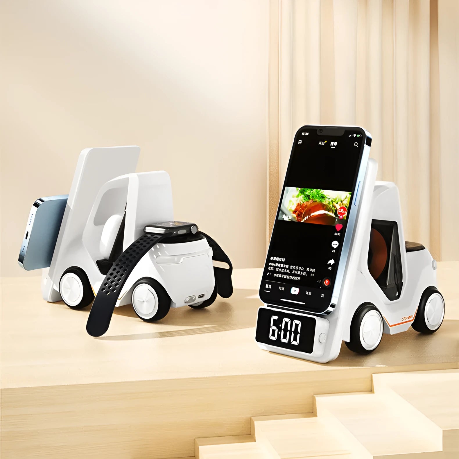 Grey triple wireless charging bracket mounted on a car air vent, charging a phone, smartwatch, and earbuds.