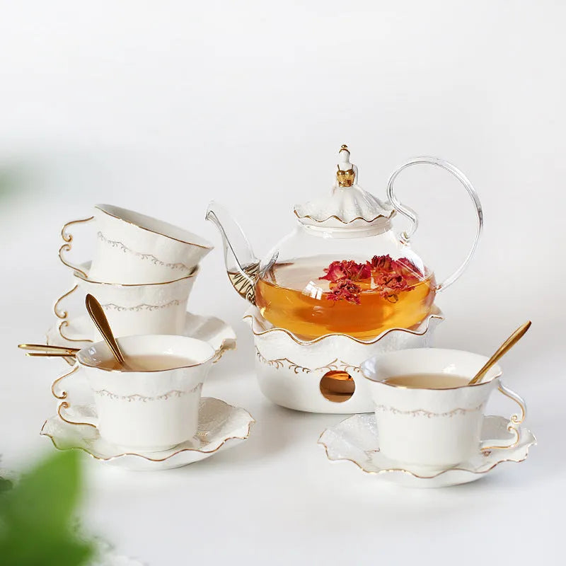 Afternoon tea set with 6 ceramic cups and saucers, borosilicate glass teapot, hand-painted gold, and iron frame spoon holder in gift box