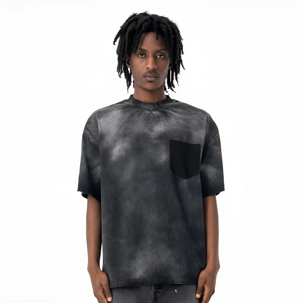 Men's black loose fit cotton t-shirt with drop-shoulder sleeves and white letter pattern print.